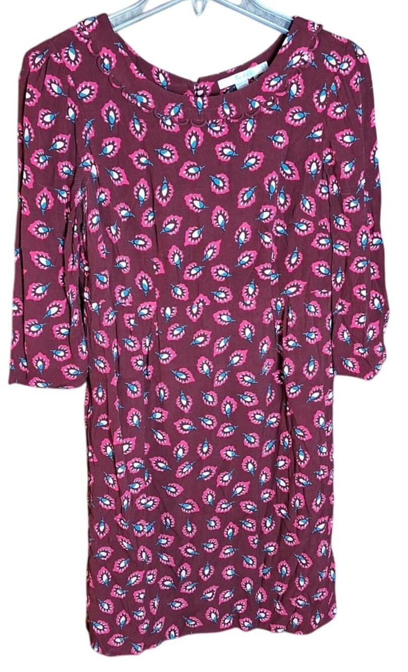 Boden Women 6 Burgundy Purple Paisley Floral Lined 3/4 Length Sleeve Dress